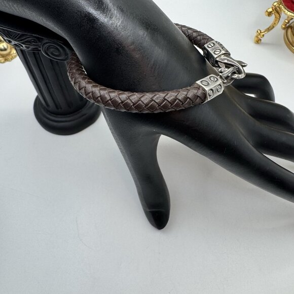 Vintage Sterling Silver 925 Braided Leather Bracelet Brown Southwestern Rare - Picture 1 of 9